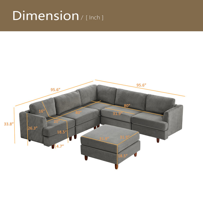 Canapé modulaire moderne, canapé convertible 6 places, Velours côtelé gris