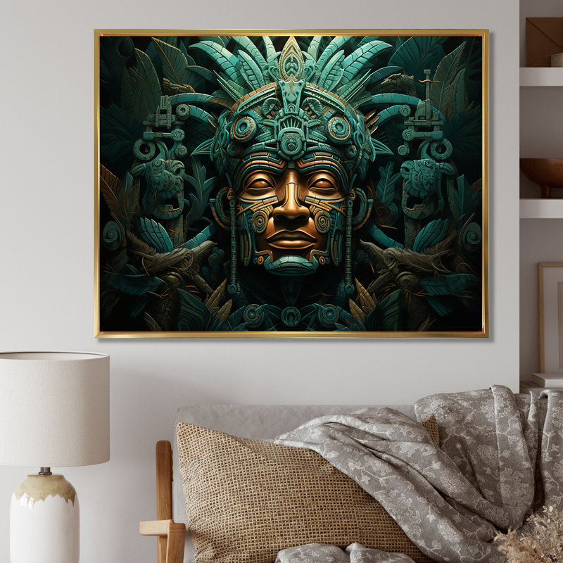 Maya Magic Aztec Mask I - Art mural mexicain, H 34 po x l 44 po x P 1,5 po, Cadre flottant doré