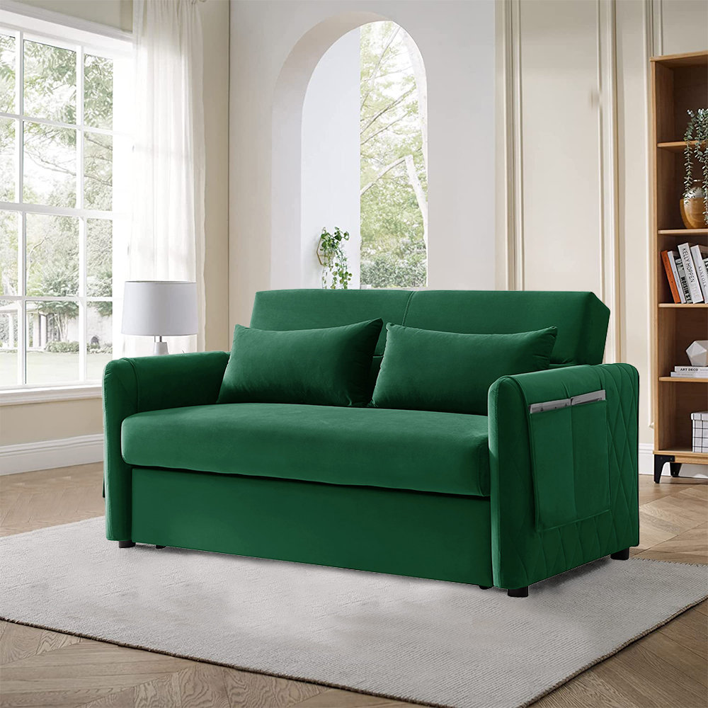 55 inch -Loveseat Modern Convertible Sleeper Sofa Bed, Velvet Sofa Couch with Pull-Out Bed Mercer41 Fabric: Green Velvet