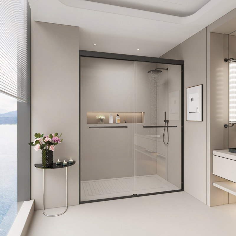 56-60" W X 72" H Double Sliding Shower Door, Semi-Frameless Bathroom Sliding Door With 1/4" (6Mm) Tempered Glass For Walk-In Shower