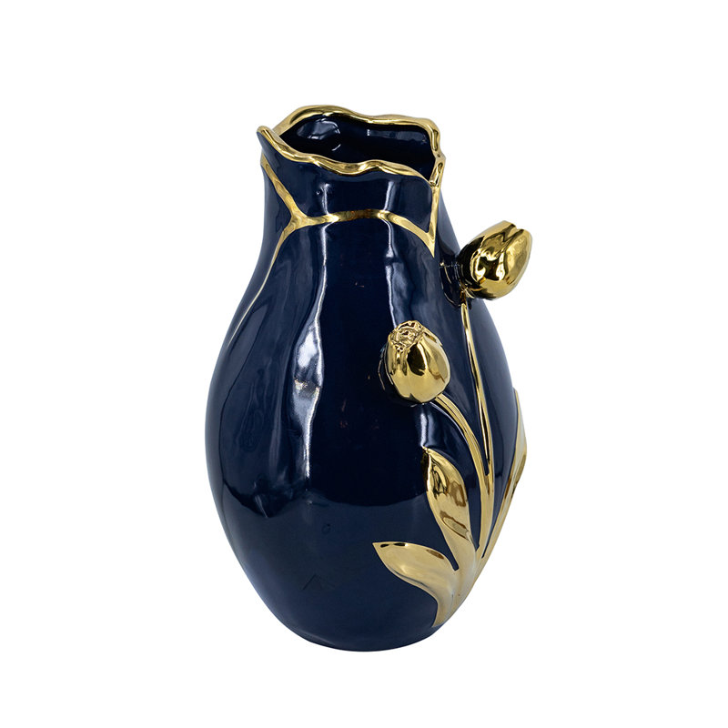 Navy Blue Ceramic Vase With Gold Tulip Design, 13.6" H x 7.9" W x 7.9" D