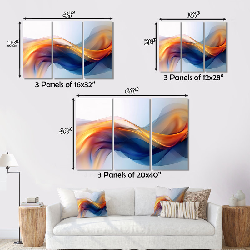 Orange Blue Fractal Fluidity I - 3 Piece Print, 40" H x 60" W, No Frame, Wrapped Canvas