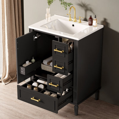 Meuble-lavabo moderne de 24 po avec lavabo en céramique - porte à fermeture en douceur, 3 tiroirs (1 avec cloison), poignées dorées, support de porte - armoire de rangement compacte pour les petites salles de bain, les salles d'eau ou les appartements