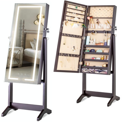 Armoire à bijoux avec lumières tricolores à DEL - Miroir complet, tiroirs de rangement