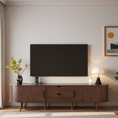 Meuble télé Mid-Century moderne avec portes tambour, tiroirs et prise de courant