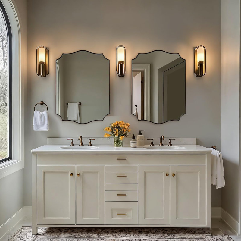 Anayalee Traditional Scalloped Rectangle Bathroom Vanity Mirror | Stainless Steel Frame, 30" x 22", Brushed Bronze