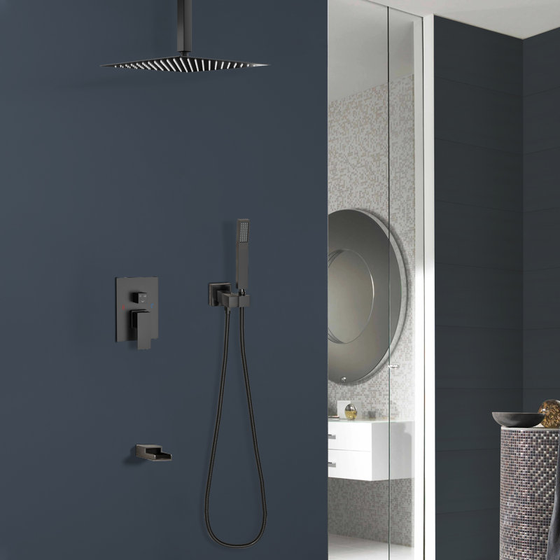 Système de douche carré à fixation au plafond 12 pouces avec valve brute Topcraft, Noir mat