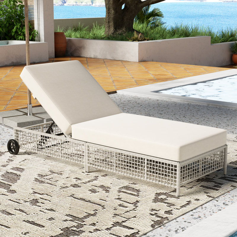 Chaise longue d'extérieur en rotin avec coussin, Blanc crémeux, 1