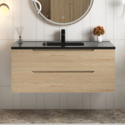 Ensemble de meuble-lavabo mural 48 po à panneau de particules double avec plateau en chêne Evita