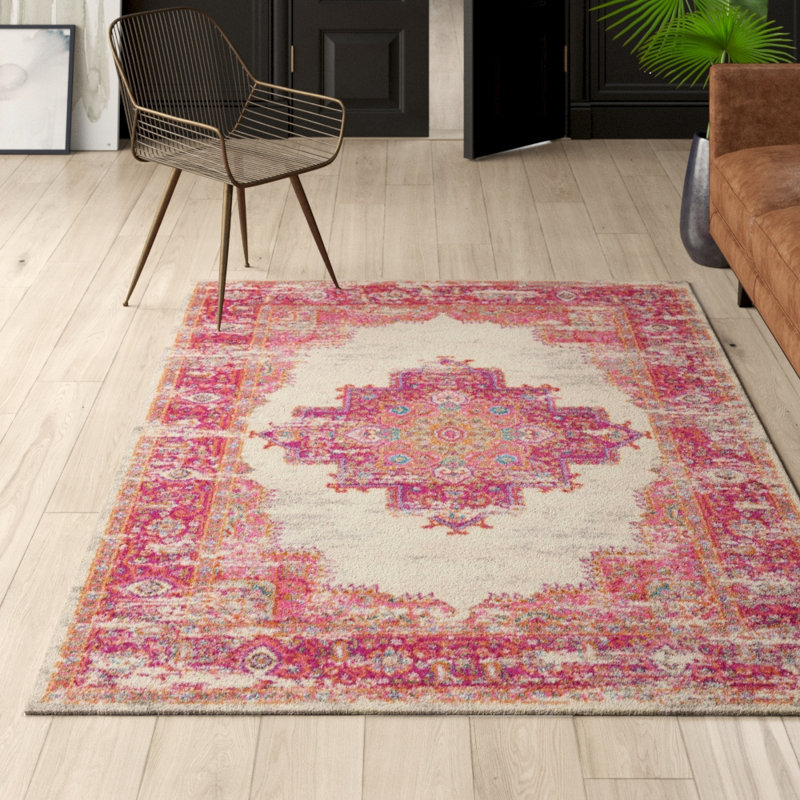 Tapis intérieur oriental ivoire / rose Abbate, Rectangle 3 pi 9 po x 5 pi 9 po