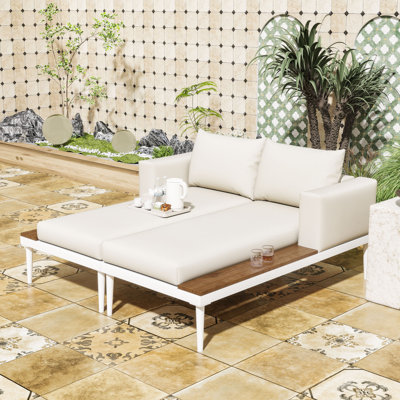 Lit de jour d'extérieur convertible pour patio avec repose-pieds réglables, coussins lavables et espace latéral
