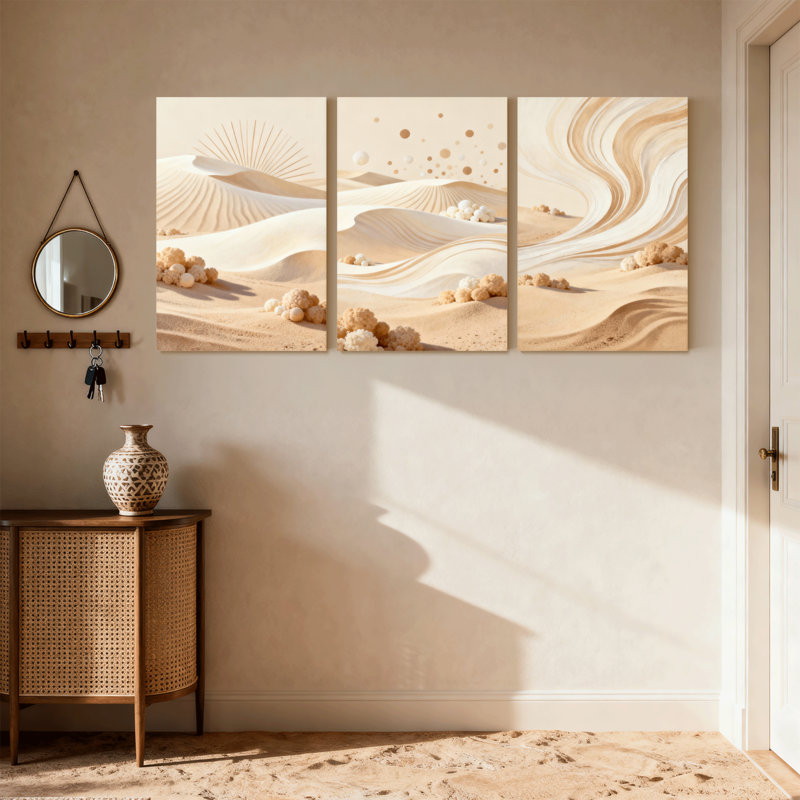 Abstrait dunes du désert, soleil, vagues de sable, sphères, ensemble de 3 impressions sur toile, H 30 po x l 60 po