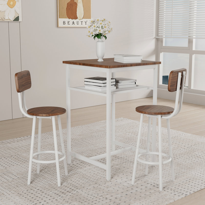 Table de bar, équipée de 2 tabourets de bar, avec dossier et cloison, Brun / Blanc
