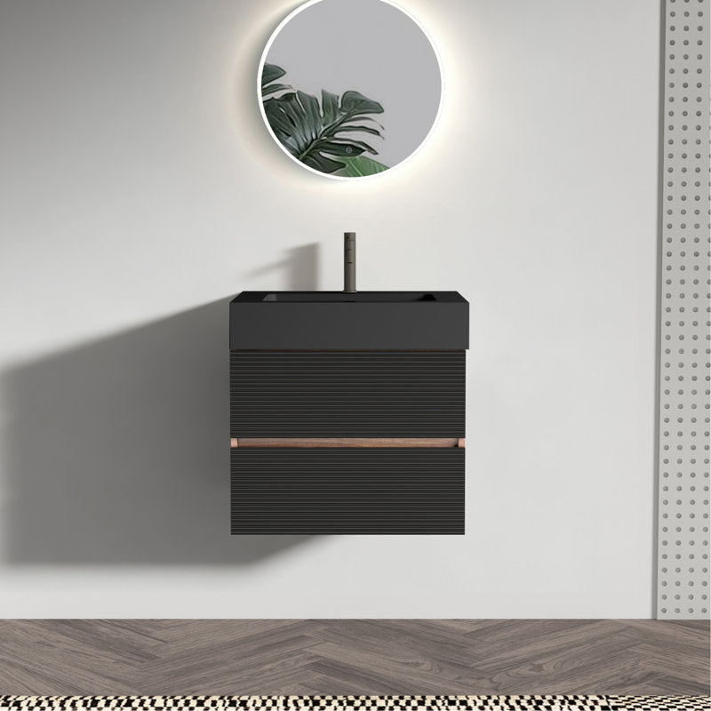24'' Bathroom Vanity With Matt Black Engineered Quartz Sink And Soft Black Drawers, Wall Mounted Floating Bathroom Vanity For Modern Bathroom, One-Piece Matt Black Basin, KD