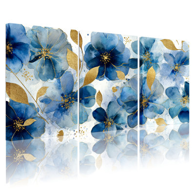 Ensemble de 3 tableaux sur toile tendue, style aquarelle, à motifs floraux bleus et dorés