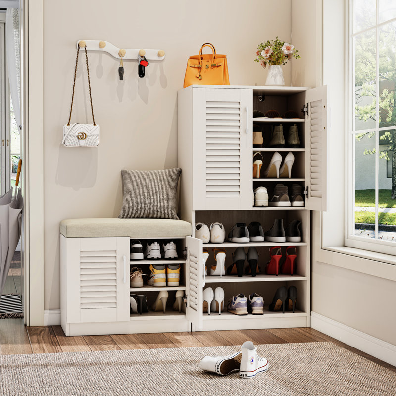 Range-chaussures multifonctionnel avec banc et 7 + 3 compartiments, blanc, réglable pour la décoration intérieure