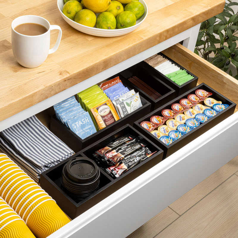 Eldora Handcrafted 5-Piece Multi-Use Individual Bamboo Kitchen Drawer Organizer Boxes, Natural, Black