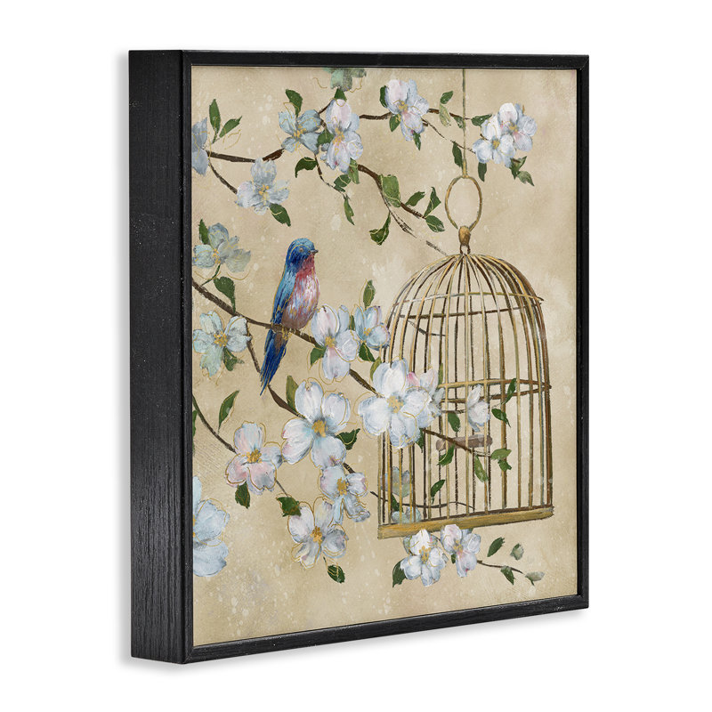 «Night Song Birdcage Over Beige», estampe numérique, conception de Nan, Giclée encadrée noir minuit, H 12 po x l 12 po