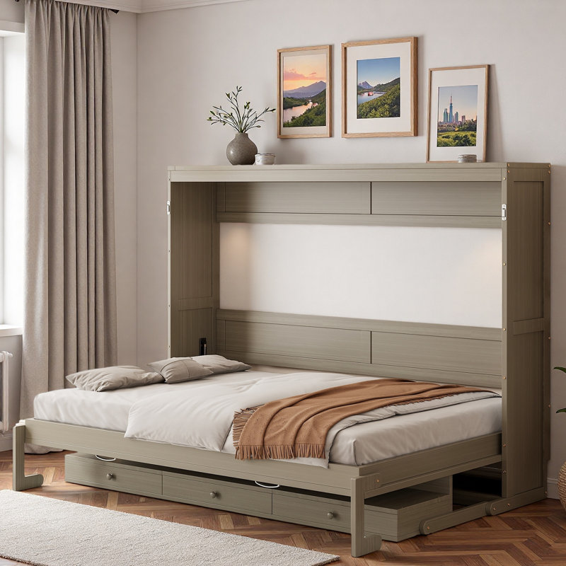 Lit escamotable avec bureau de coiffeuse, miroir central et 2 tiroirs latéraux, Gris