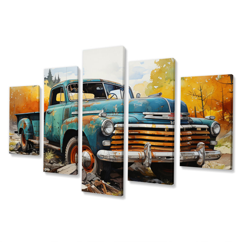  «Teal Vintage Pickup Automn Offroad I - Impression sur toile transport - 5 panneaux