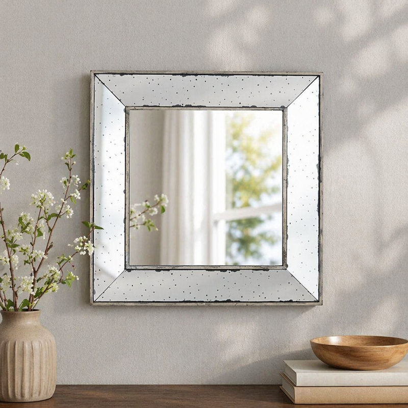 Distressed Silver Accent Mirror,Wall Mirror, 18" x 18"