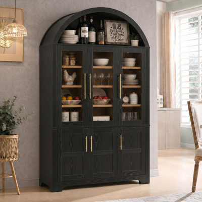 K&K 73" Tall Arched Kitchen Pantry, Farmhouse Arched Cabinet with Three Glass Doors, Kitchen Storage Cabinet with Door Shelves & Adjustable Shelves, T