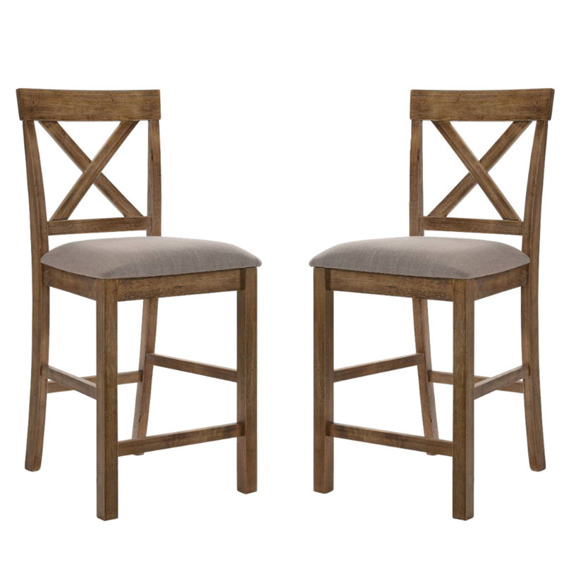 Sans accoudoirs, revêtu de lin, 2 chaises de salle à manger, bois en forme de X, brun clair et chêne antique, siège rembourré, hauteur de comptoir à hauteur standard, dossier croisé, couleur, siège uni