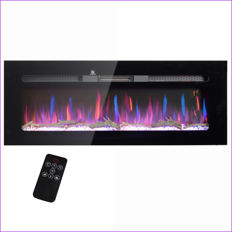 Foyer électrique encastré / mural 50 po avec télécommande, flamme et contrôle de la chaleur | Noir | Acier