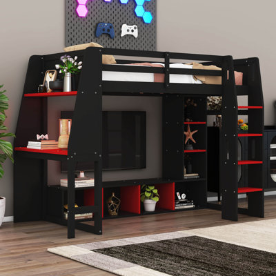 Lit mezzanine simple avec bureau et lumières DEL, lit mezzanine en bois massif avec garde-robe ouverte et tablettes multiples