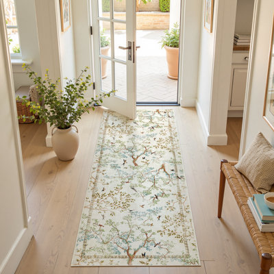 Floral Rug Botanical Birds Print Nature Plants Washable Non-slip
