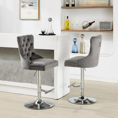 Gray Of 2 Adjustable 25 - 33" Height Thick Swivel Velvet , Modern Upholstered With Diamond , Sponge & Spring Seat And Buttons For Kitchen Height, Design, On Home Pub