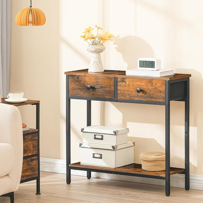 Console étroite de 29,5 po avec 2 tiroirs en tissu, petite table d'entrée avec tablettes de rangement à 2 niveaux, table de canapé mince, table d'appoint, pour le salon, couloir, brun rustique et noir BF71XG01