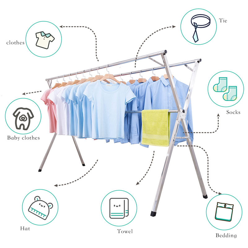 Séchoir ajustable en acier inoxydable, pliable, capacité de 165 lb, utilisation intérieure / extérieure, argent