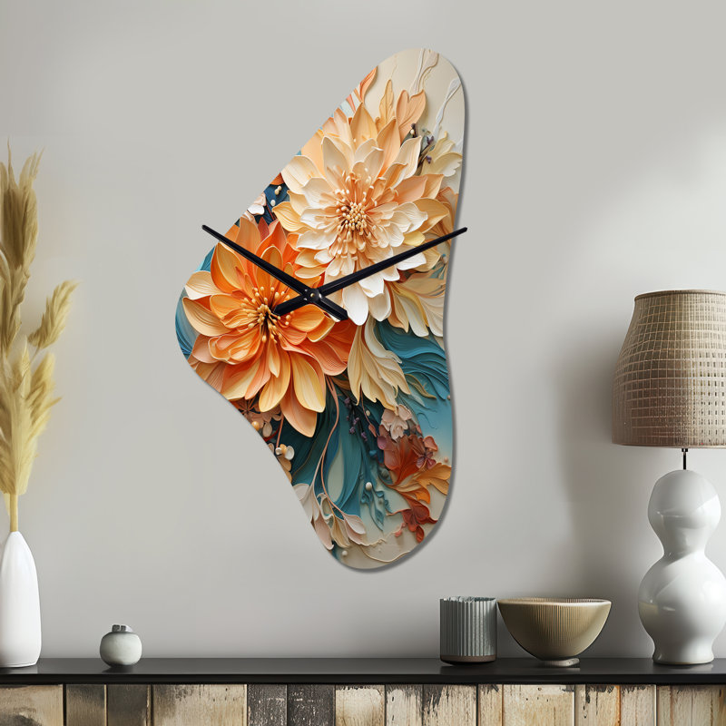 Horloge murale orange, bleu sarcelle, tourbillon botanique I - Botanicals, Moyenne