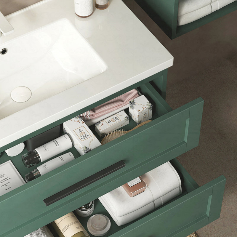 Meuble-lavabo de salle de bain avec lavabo, armoire de rangement flottante murale moderne avec 2 tiroirs, lavabo en céramique blanche sans robinet