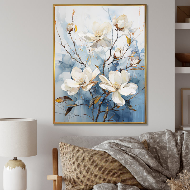 «Magnolias Blossom I» blanc et bleu sur toile, Cadre flottant doré, H 44 po x l 34 po x P 1,5 po