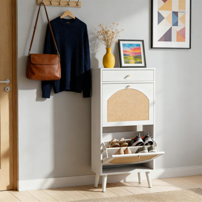 Rattan Shoe Cabinet, White Slim Shoe Storage For Entryway, Boho 2 Flip Drawer Organizer With Top Drawer, Narrow Hidden Storage, 21.3X9.4 Inch
