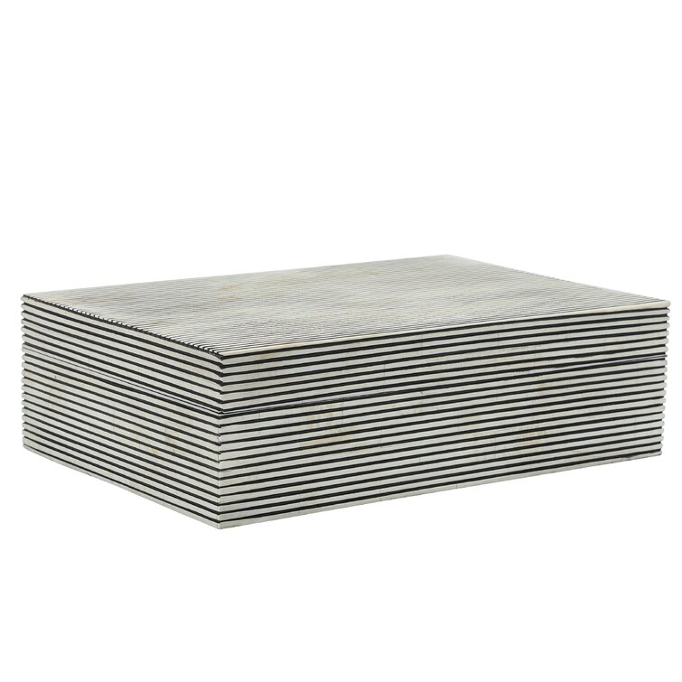 2 Piece Set Pinstripe Storage Boxes - 10 & 12 White and Gray Polyresin Decorative Keepsake Boxes for Storage, Jewelry, Gift Idea Joss & Main