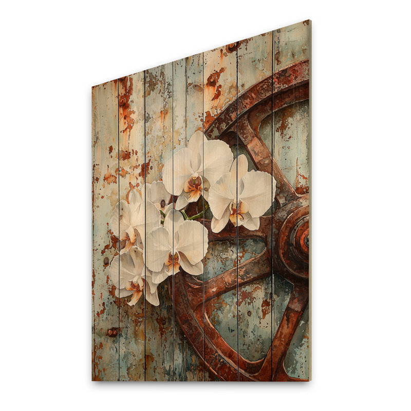 Orchidées par la roue du chariot I - Art mural en bois orchidée - sur bois de pin naturel, H 40 po x l 30 po x P 0,78 po
