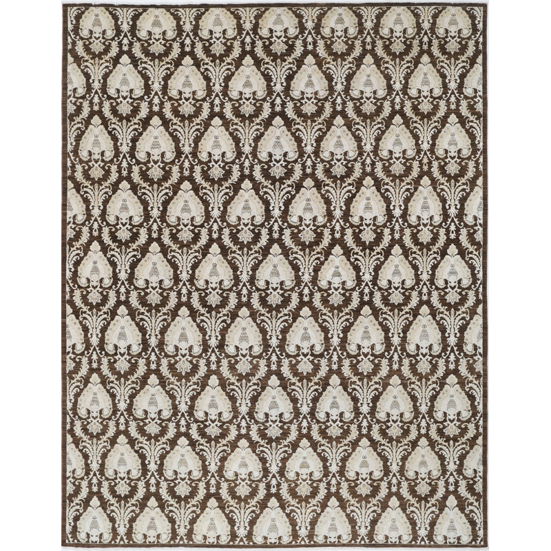 Tapis décoratif brun et ivoire en laine noué à la main 9 pi x 11,7 pi