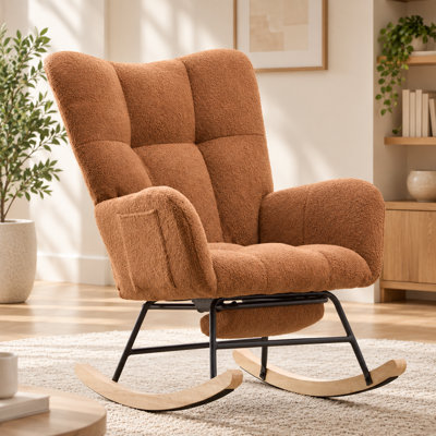 Ensemble chaise berçante à oreilles et repose-pieds en tissu Teddy, chaise d'allaitement avec poche latérale, base en bois massif, marron