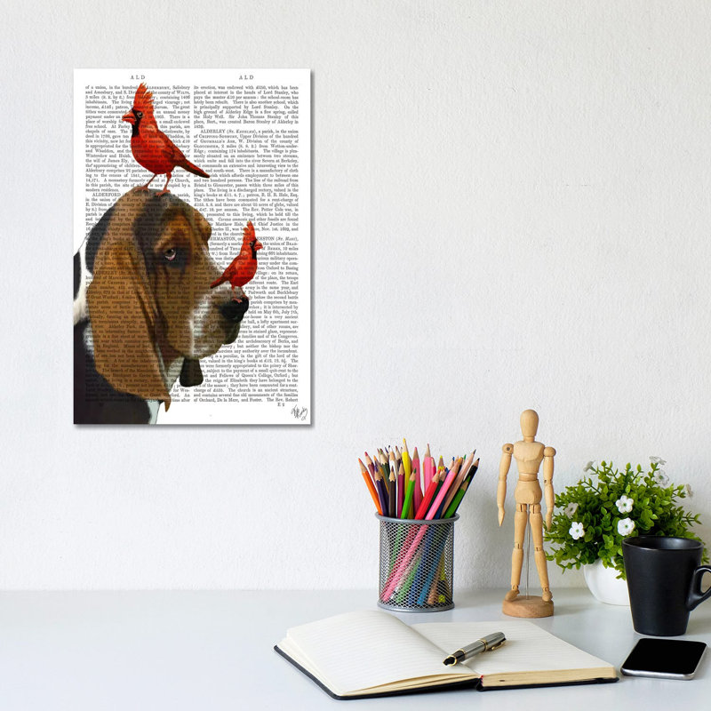 Basset Hound & Birds, Print BG by Fab Funky - Wrapped Canvas Painting, 20.32 cm H x 30.48 cm W