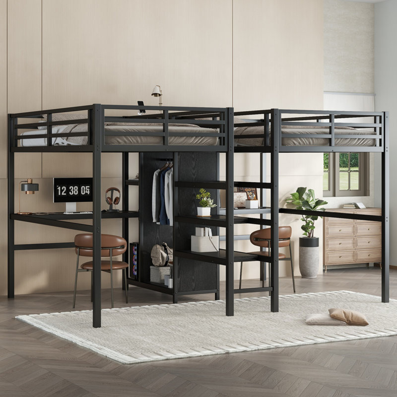 Twin & Twin Metal Loft Bed with Double Desk, Wardrobe, Shelves and Built-In Electrical Outlet, Black