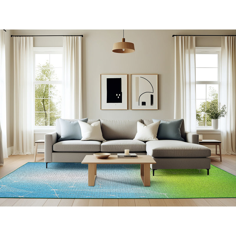 Tapis bleu/vert à motifs, Rectangle 6 pi x 9 pi