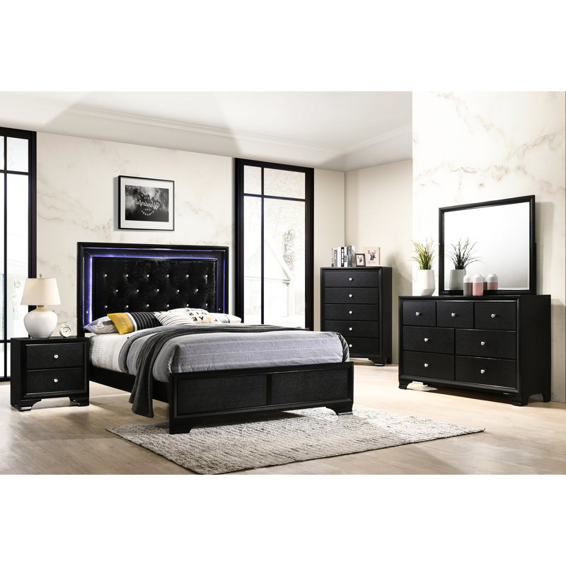 Lit à DEL grand de style moderne avec tête de lit tapissier et pieds de soutien au fini noir