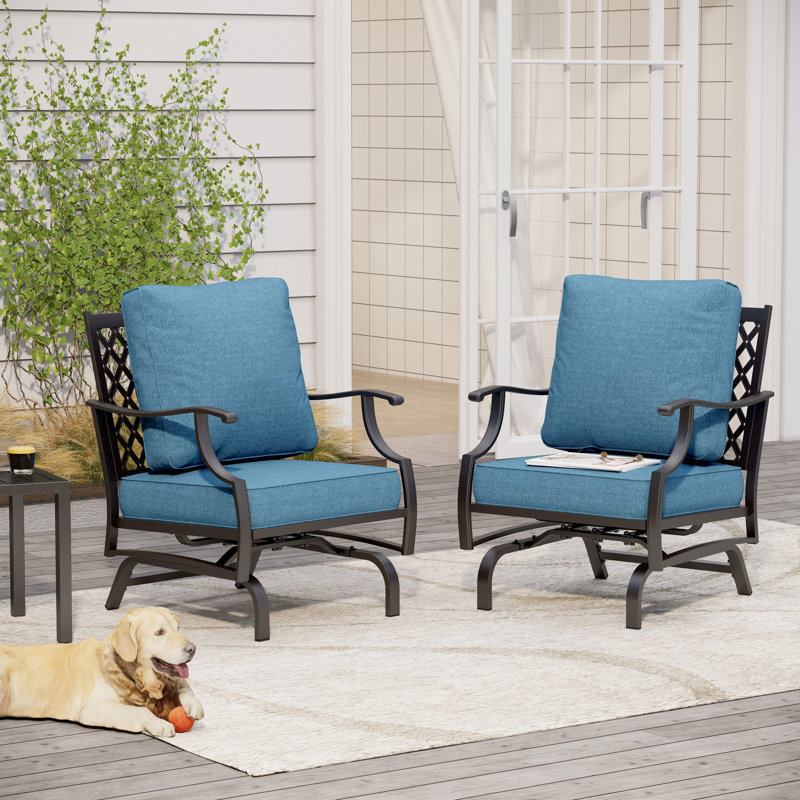 Argirios Metal Patio Rocking Lounge Chair with Cushions (Set of 2), Denim Blue