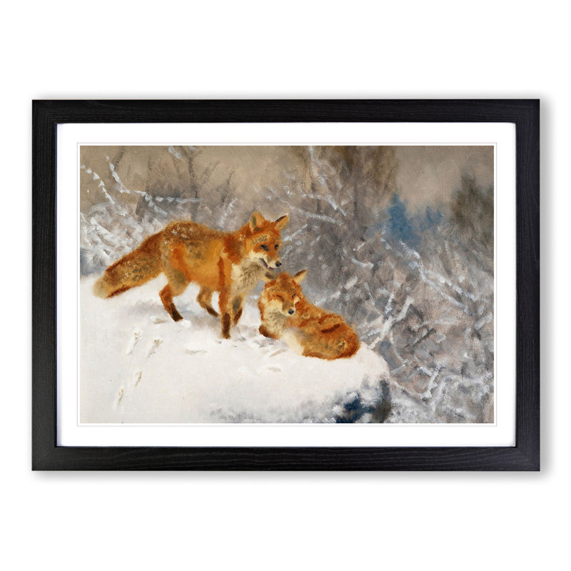 Two Foxes by Bruno Liljefors - Picture Frame Painting, Black Framed, 36cm H x 48cm W x 2cm D