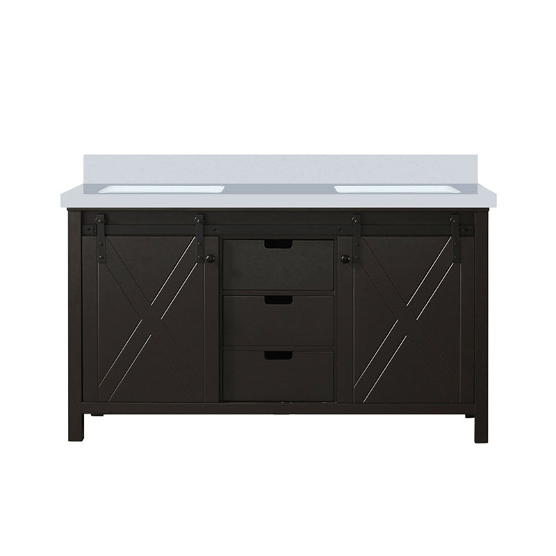 Meuble-lavabo double brun 60 po X P 22 po D, avec comptoir en quartz blanc, Brun