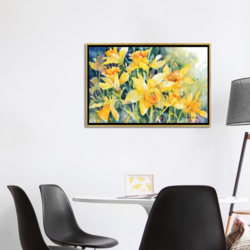 «Daffodil Party» par Annelein Beukenkamp - reproduction d'art, Aucun mat, H 26 po x l 40 po x 1,5 po, Toile encadrée d'or