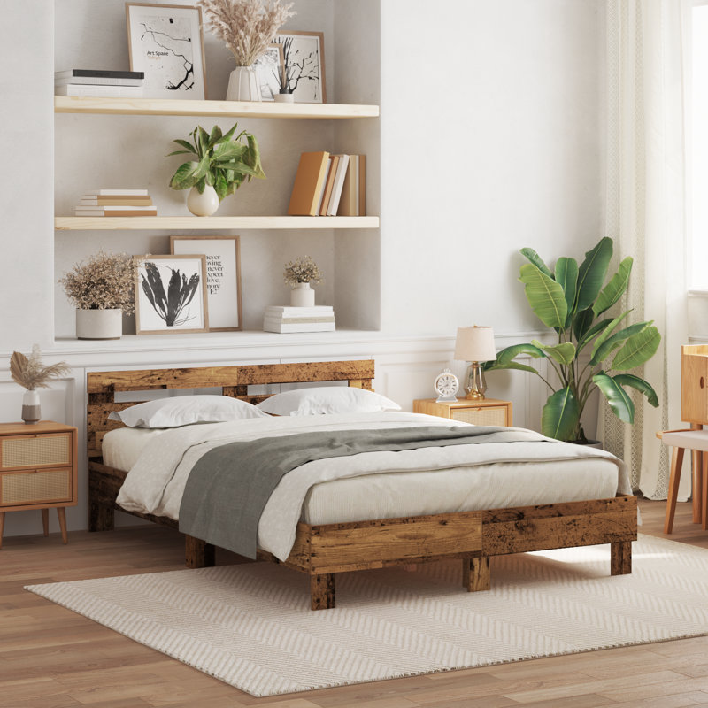 Vidaxl Wood Bed Frame with LED Durable, European Double (140 x 200 cm), Old Wood